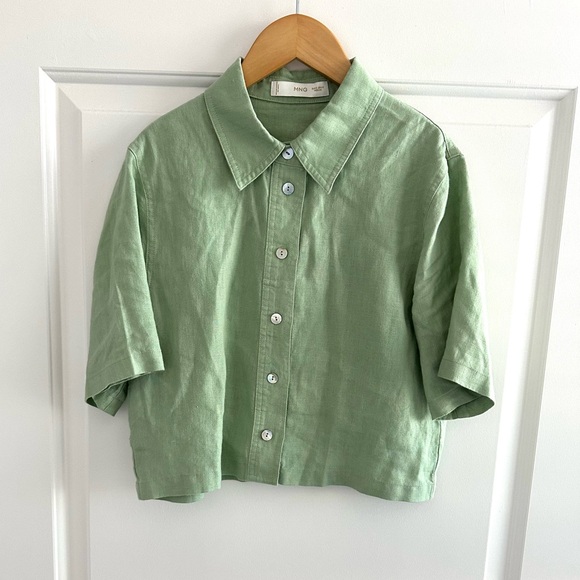 Mango Short Sleeve Linen Button Green Shirt - Picture 5 of 10